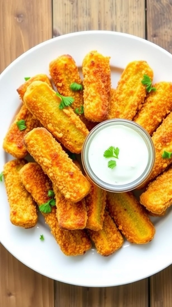 Crispy Air Fryer Fried Pickles Crispy air fryer fried pickles on a plate with ranch dressing for dipping.